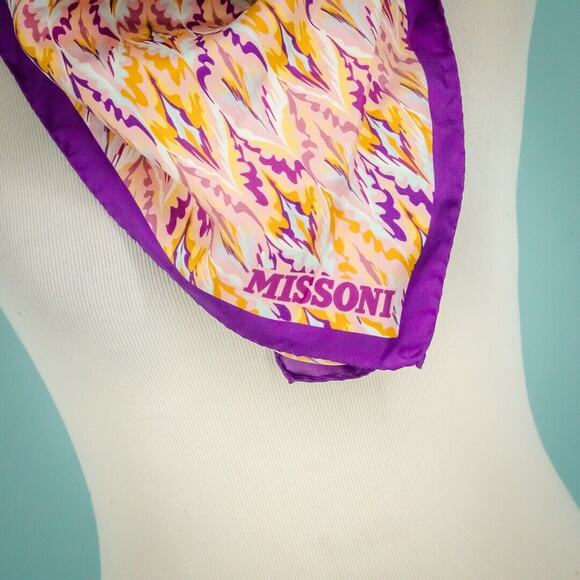Missoni Silk Signature Abstract Flamestitch Print Purple Yellow Square Scarf - Picture 2 of 4
